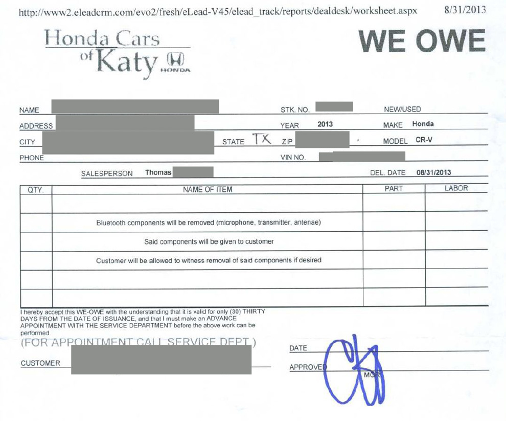 Honda Work Order - signed before sales contract - for removal of Bluetooth and all components
