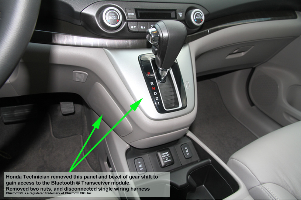 location of Honda Bluetooth module in CR-V with access panels labeled